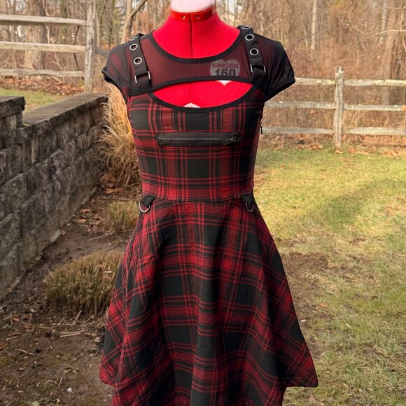 Killstar Red Plaid Mesh & Faux Leather Strap Skater Dress - Picture 6 of 13